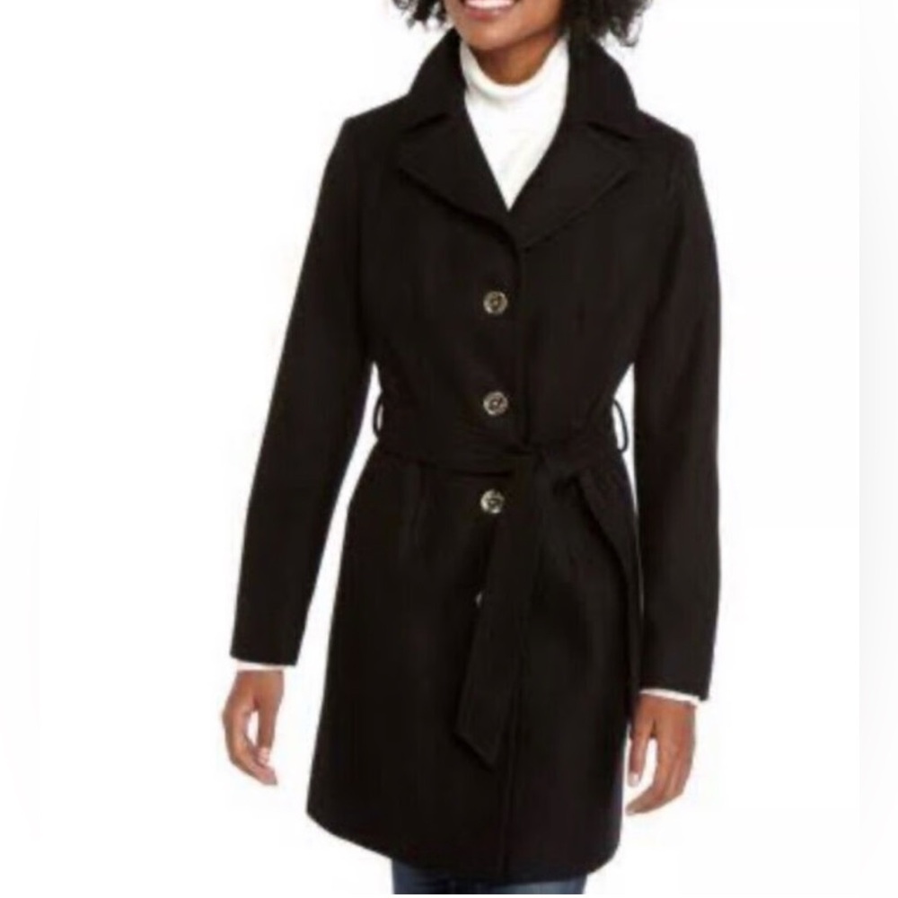 Michael Kors Elegant Black Trench Coat with Gold Accents